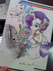 Size: 1024x1371 | Tagged: alcohol, artist:katiacandraw, artist:katiecandraw, bottle, cargo ship, derpibooru import, ear piercing, earring, glass, googly eyes, heart, jewelry, katie does it again, magic, necklace, piercing, raritom, rarity, rockcon, safe, shipping, table, tom, wine, wine glass