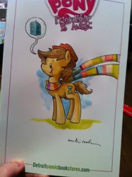 Size: 764x1024 | Tagged: artist:katiecandraw, clothes, cute, derpibooru import, doctor who, doctor whooves, fourth doctor, safe, scarf, tardis, time turner, traditional art