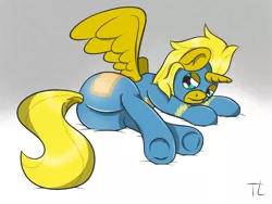 Size: 1600x1200 | Tagged: suggestive, artist:thexiiilightning, derpibooru import, oc, oc:ticket, unofficial characters only, alicorn, pony, alicorn oc, butt, clothes, female, horn, lip bite, plot, solo, solo female, uniform, wings, wonderbolts uniform