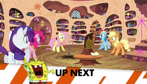 Size: 498x285 | Tagged: safe, derpibooru import, applejack, fluttershy, pinkie pie, rainbow dash, rarity, magical mystery cure, image, inappropriate timing spongebob banner, png, spongebob laughs at your misery, spongebob squarepants, spongebob squarepants (character)