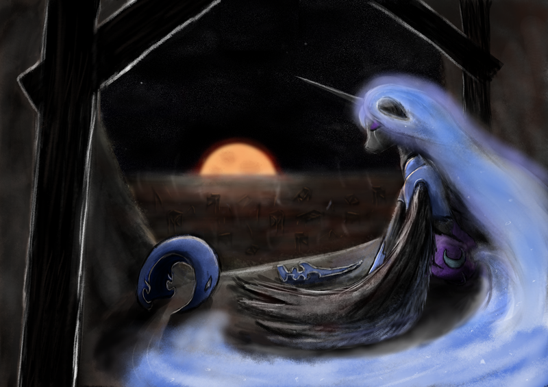 Size: 3994x2821 | Tagged: artist:euphreana, crying, derpibooru import, nightmare moon, princess luna, ruins, semi-grimdark, solo