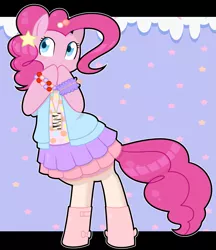 Size: 1201x1392 | Tagged: safe, artist:redintravenous, derpibooru import, pinkie pie, pony, accessory, bipedal, boots, bracelet, clothes, cute, diapinkes, fashion, hoof boots, jewelry, shoes, skirt, solo, stars, stockings, thigh highs, zettai ryouiki