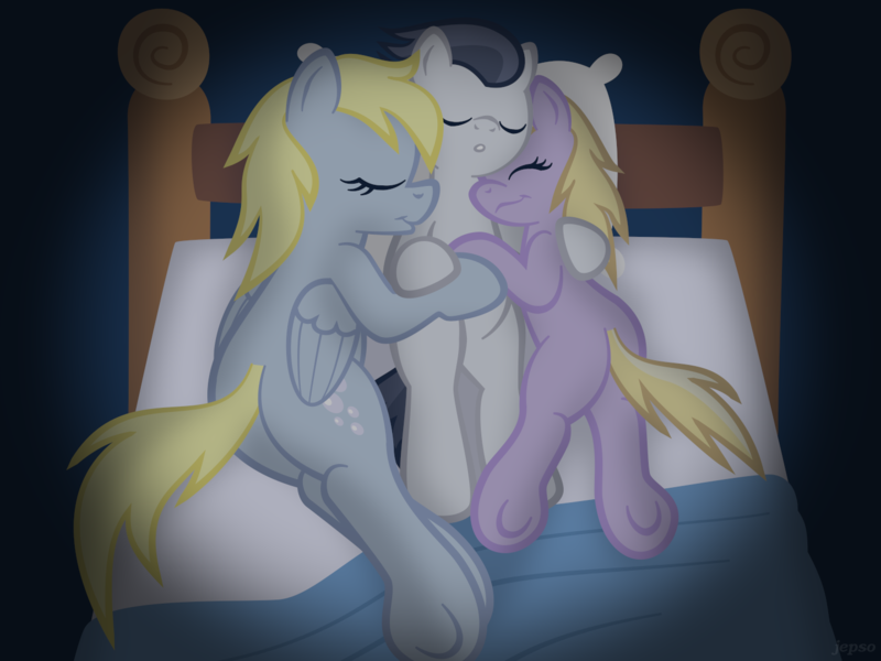 Size: 1440x1080 | Tagged: safe, artist:jepso, derpibooru import, derpy hooves, dinky hooves, rumble, pegasus, pony, bed, butt, cuddling, equestria's best mother, female, male, mare, plot, rumbledink, shipping, sleeping, straight