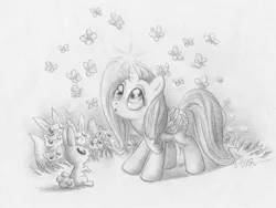 Size: 1890x1422 | Tagged: safe, artist:deathcutlet, derpibooru import, fluttershy, alicorn, butterfly, pony, rabbit, alicornified, animal, fluttercorn, grayscale, magic, monochrome, race swap, traditional art