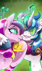 Size: 600x1020 | Tagged: safe, artist:naoki, derpibooru import, princess cadance, queen chrysalis, shining armor, alicorn, changeling, changeling queen, pony, unicorn, disguise, disguised changeling, fake cadance, female, glowing eyes, hypnosis, infidelity, male, pixiv, shining chrysalis, shipping, straight