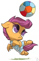 Size: 836x1300 | Tagged: safe, artist:atryl, derpibooru import, scootaloo, pegasus, pony, :o, ball, chibi, clothes, cute, cutealoo, ear fluff, female, filly, floppy ears, football, leg fluff, looking at something, looking up, open mouth, simple background, solo, sports, spread wings, white background, wings