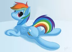 Size: 2500x1816 | Tagged: safe, artist:skipsy, derpibooru import, edit, rainbow dash, pegasus, pony, butt, cute, dashabetes, female, looking at you, mare, plot, prone, signature, smiling, solo