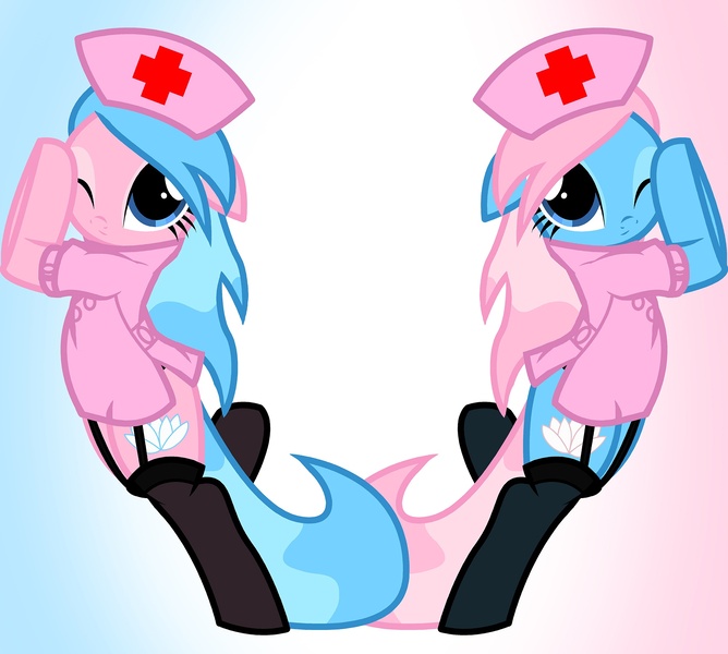 Size: 2000x1796 | Tagged: suggestive, artist:pyruvate, derpibooru import, aloe, lotus blossom, pony, bipedal, clothes, garter belt, garters, nurse, one eye closed, spa twins, stockings, thigh highs, wink