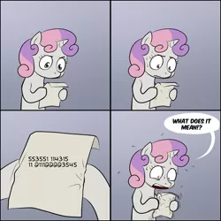 Size: 1100x1100 | Tagged: artist:lemondevil, derpibooru import, exploitable meme, meme, obligatory pony, riddle, safe, sweetie belle, sweetie's note meme