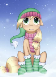 Size: 508x700 | Tagged: applejack, artist:stalkerpony, clothes, derpibooru import, hat, safe, scarf, sitting, snow, snowfall, socks, solo, striped socks