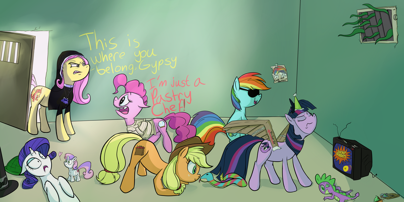 Size: 4000x2000 | Tagged: applejack, artist:rbig, asylum, bondage, cult leader fluttershy, derpibooru import, earth pony twilight, flutternun, fluttershy, friendship is witchcraft, mane six, nun, pinkie pie, plushie, rainbow dash, rarity, robot, safe, snake, spike, straitjacket, sunglasses, sweetie belle, sweetie bot, television, twilight sparkle