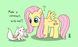 Size: 1141x700 | Tagged: safe, artist:aoneko54, derpibooru import, fluttershy, pegasus, pony, crossover, incubator (species), kyubey, kyubeyshy, puella magi madoka magica, voice actor joke