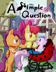 Size: 2100x2700 | Tagged: safe, artist:osakaoji, derpibooru import, apple bloom, scootaloo, sweetie belle, pony, fanfic, baby, baby carriage, baby pony, cover art, cutie mark crusaders, diaper, fanfic art, fanfic cover, foal, image, jpeg, rope, stork, the birds and the bees, well