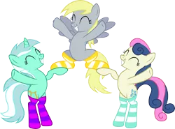 Size: 5000x3704 | Tagged: safe, artist:artpwny, derpibooru import, bon bon, derpy hooves, lyra heartstrings, sweetie drops, earth pony, pony, unicorn, absurd resolution, bipedal, clothes, cute, eyes closed, grin, happy, simple background, smiling, socks, striped socks, transparent background, trio, vector