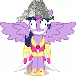 Size: 896x892 | Tagged: safe, derpibooru import, twilight sparkle, twilight sparkle (alicorn), alicorn, pony, female, grin, hat, mare, paranoid, simple background, smiling, solo, spread wings, tinfoil hat, twilight snapple, white background, wide eyes, wings