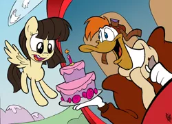 Size: 1000x724 | Tagged: safe, artist:willdrawforfood1, derpibooru import, wild fire, pegasus, pony, birthday cake, cake, crossover, darkwing duck, duck tales, flying, food, helicopter, launchpad mcquack, sibsy