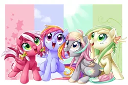 Size: 3000x2000 | Tagged: safe, artist:centchi, derpibooru import, oc, oc:candy star, oc:glittering cloud, oc:morning dew, oc:petal grove, unofficial characters only, pegasus, pony