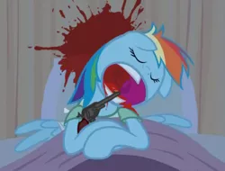 Size: 460x350 | Tagged: grimdark, artist:superedit, derpibooru import, edit, screencap, rainbow dash, pegasus, pony, bed, blood, dead, female, gun, handgun, mare, pillow, revolver, solo, suicide, weapon