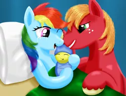 Size: 1278x976 | Tagged: safe, artist:robbergon, derpibooru import, big macintosh, rainbow dash, earth pony, pony, female, foal, male, newborn, offspring, parent:big macintosh, parent:rainbow dash, parents:rainbowmac, rainbowmac, shipping, stallion, straight