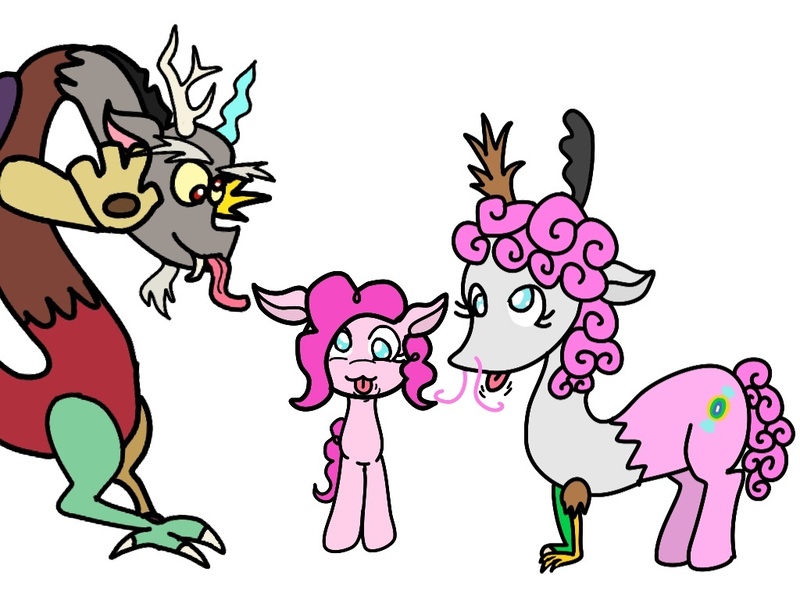 Size: 1024x768 | Tagged: safe, artist:ixtaek, derpibooru import, discord, pinkie pie, discopie, female, interspecies offspring, male, offspring, parent:discord, parent:pinkie pie, parents:discopie, shipping, straight