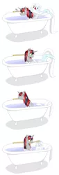 Size: 784x2312 | Tagged: safe, artist:celerypony, derpibooru import, oc, oc:celery, oc:silver screen, unofficial characters only, pony, bath, bathing, bathtub, brush, bubble, celery, claw foot bathtub, clean, cute, eyes closed, floppy ears, frown, long tail, mouth hold, mutual bathing, simple background, smiling, soap, wet, wet mane, white background, yearly bath
