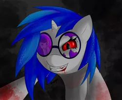 Size: 984x812 | Tagged: semi-grimdark, artist:wripple, derpibooru import, octavia melody, vinyl scratch, pony, unicorn, vampire, blood, broken glasses, drool, evil grin, fanfic art, fangs, female, floppy ears, glasses, grin, hooves, horn, kitchen eyes, mare, my roommate is a vampire, red eyes, smiling, solo focus, sunglasses, this will end in death, vinyl the vampire