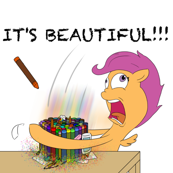 Size: 1000x1000 | Tagged: safe, artist:wripple, derpibooru import, scootaloo, pegasus, pony, crayon, crayons, derp, female, filly, glitter, glue, image, nailed it, open mouth, paintbrush, pencil, png, scootaderp, solo