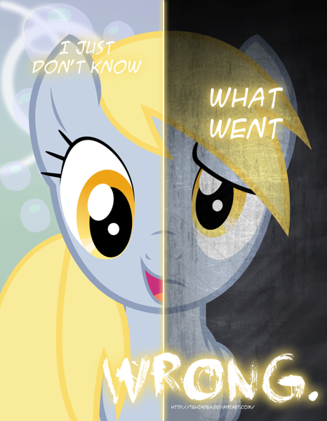 Size: 600x773 | Tagged: safe, artist:tehjadeh, derpibooru import, derpy hooves, pegasus, pony, female, i just don't know what went wrong, mare, two sided posters