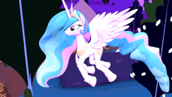 Size: 640x360 | Tagged: safe, derpibooru import, princess celestia, alicorn, pony, 3d, animated, explosion, female, flying, let's fly to the castle, mare, mood whiplash, now you fucked up, oh crap, smiling, solo, source filmmaker, spread wings, stupidity, too dumb to live, watch out for that door, wings