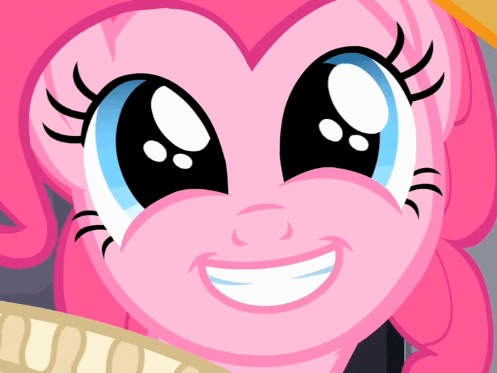 Size: 720x540 | Tagged: animated, brilliant face, chancellor puddinghead, cropped, derpibooru import, eye shimmer, faic, hearth's warming eve, hearth's warming eve (episode), looking at you, pinkie pie, safe, screencap, smiling, solo