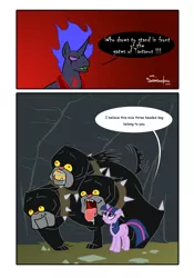 Size: 1422x2030 | Tagged: artist:mr-samson, cerberus, cerberus (character), comic, demon, derpibooru import, it's about time, multiple heads, oc, safe, three heads, twilight sparkle