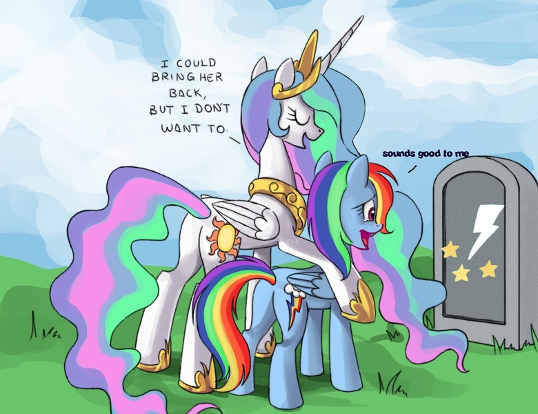 Size: 1170x900 | Tagged: safe, artist:ponykillerx, derpibooru import, edit, lightning dust, princess celestia, rainbow dash, alicorn, pegasus, pony, abuse, butt, celestia's grave meme, downvote bait, dustabuse, exploitable meme, female, grave, implied death, mare, meme, plot