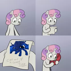 Size: 2000x2000 | Tagged: blushing, call me for a good time, clothes, derpibooru import, exploitable meme, meme, obligatory pony, princess luna, socks, striped socks, suggestive, sweetie belle, sweetie's note meme