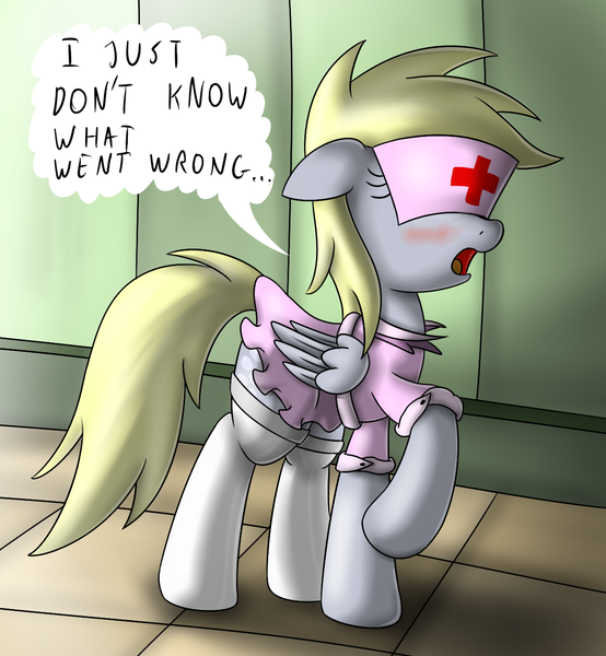 Size: 1200x1300 | Tagged: safe, artist:ziemniax, derpibooru import, derpy hooves, pegasus, pony, series:ziemniax's nurse ponies, blushing, clothes, cute, derpabetes, female, i just don't know what went wrong, mare, nurse, solo, stockings, thigh highs, wardrobe misuse