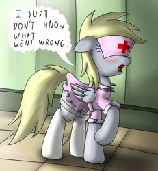 Size: 1200x1300 | Tagged: safe, artist:ziemniax, derpibooru import, derpy hooves, pegasus, pony, series:ziemniax's nurse ponies, blushing, clothes, cute, derpabetes, female, i just don't know what went wrong, mare, nurse, solo, stockings, thigh highs, wardrobe misuse
