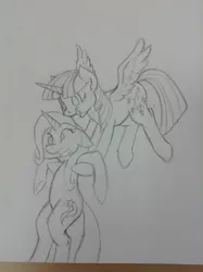 Size: 956x1280 | Tagged: safe, artist:hobbsmeerkat, derpibooru import, trixie, twilight sparkle, twilight sparkle (alicorn), alicorn, pony, female, flying, mare, monochrome, sketch, traditional art