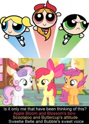 Size: 500x700 | Tagged: apple bloom, blossom (powerpuff girls), bubbles (powerpuff girls), buttercup (powerpuff girls), cutie mark crusaders, derpibooru import, safe, scootaloo, sweetie belle, the powerpuff girls