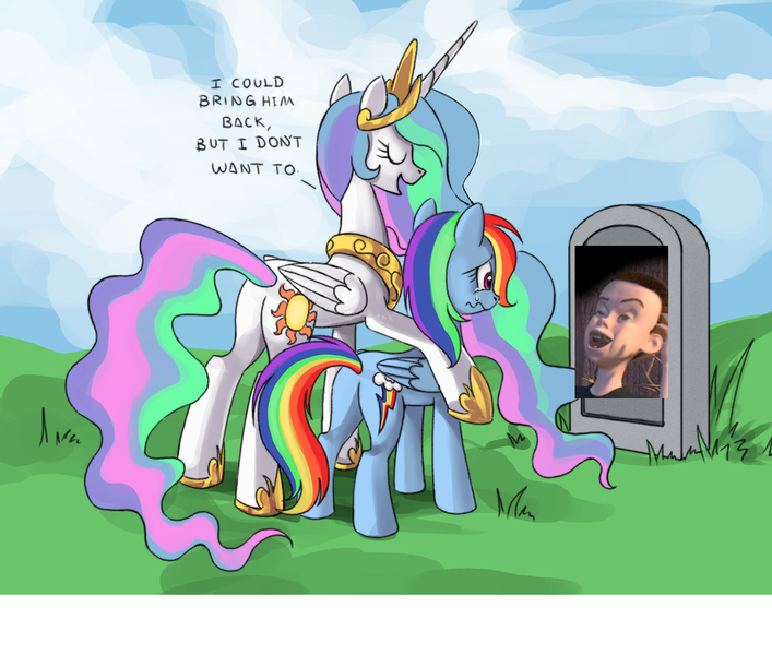 Size: 909x771 | Tagged: safe, derpibooru import, princess celestia, rainbow dash, alicorn, pegasus, pony, bitchlestia, butt, celestia's grave meme, crying, derp, exploitable meme, female, grave, here lies sidorovich, implied death, mare, meme, meta, plot, sid, sidorovich, toy story