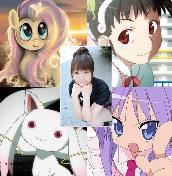 Size: 1364x1400 | Tagged: bakemonogatari, derpibooru import, emiri katou, fluttershy, hachikuji mayoi, hiiragi kagami, incubator (species), kyubey, lucky star, puella magi madoka magica, safe, voice actor