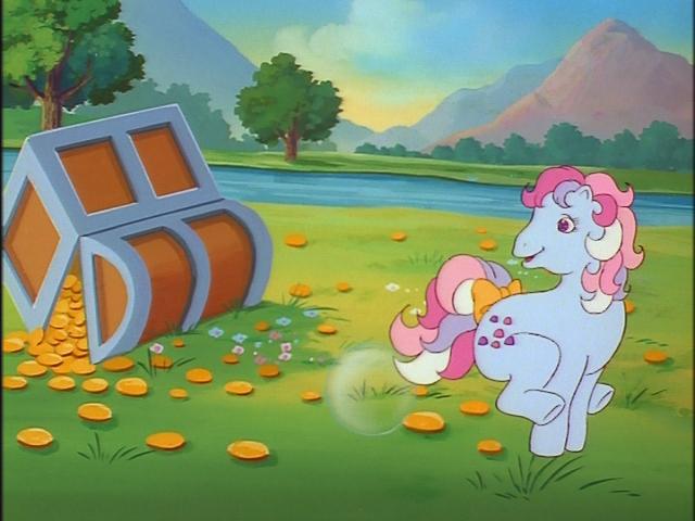 Size: 640x480 | Tagged: bubble, buck, bucking, coin, derpibooru import, g1, magic coins, my little pony 'n friends, safe, sweet stuff, treasure chest, twinkle eyed pony