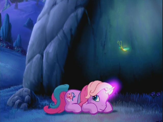 Size: 640x480 | Tagged: come back lily lightly, cute, derpibooru import, firefly (insect), g3, glow, glowing horn, hide, hiding, horn, insect, insecure, lily cutely, lily lightly, night, rock, safe