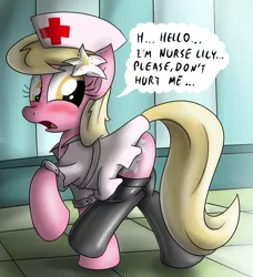 Size: 1050x1150 | Tagged: artist:ziemniax, blushing, clothes, derpibooru import, female, lily, lily valley, nurse, nurse outfit, raised hoof, raised leg, series:ziemniax's nurse ponies, solo, solo female, stockings, suggestive, thigh highs, tile
