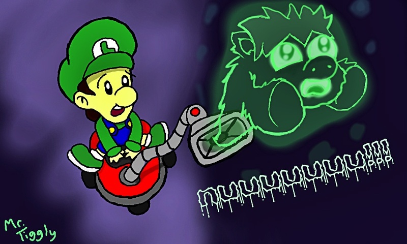 Size: 854x512 | Tagged: artist:mr tiggly the wiggly walnut, baby luigi, derpibooru import, fluffy pony, ghost, luigi, luigi's mansion, safe, super mario bros., undead, vacuum cleaner