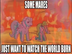 Size: 640x480 | Tagged: caption, derpibooru import, doom, edit, edited screencap, fire, g1, image macro, megan's fire, megan williams, my little pony 'n friends, safe, screencap, some men just want to watch the world burn, text, the magic coins, wind whistler