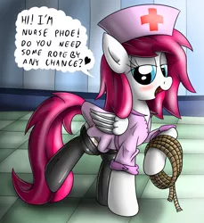 Size: 1100x1200 | Tagged: artist:ziemniax, clothes, derpibooru import, female, nurse, oc, oc:phoe, rope, series:ziemniax's nurse ponies, solo, solo female, stockings, suggestive, thigh highs, unofficial characters only