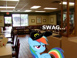 Size: 1600x1200 | Tagged: safe, derpibooru import, rainbow dash, pony, fast food, food, hat, irl, mcdonald's, mcdonalds swag, photo, ponies in real life, swag, working