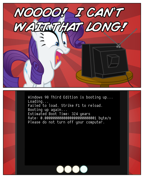 Size: 485x600 | Tagged: computer, derpibooru import, exploitable meme, i can't wait that long, meme, obligatory pony, rarity, safe, tv meme, waiting, windows, windows 98