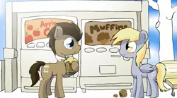 Size: 624x347 | Tagged: safe, derpibooru import, derpy hooves, doctor whooves, time turner, pegasus, pony, cider, doctorderpy, female, food, male, mare, muffin, shipping, straight, there she is!, youtube link