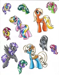 Size: 1700x2184 | Tagged: safe, artist:dgshadowchocolate, derpibooru import, apple cobbler, aura (character), banana fluff, blueberry punch, florina tart, green jewel, holly dash, marble pie, minty apple, peppermint crunch, serena, sugar apple, vera, pony, apple family member, background pony, traditional art