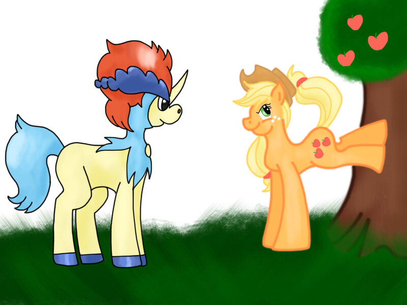 Size: 1024x768 | Tagged: applejack, artist:asinglepetal, crossover, derpibooru import, keldeo, pokémon, safe